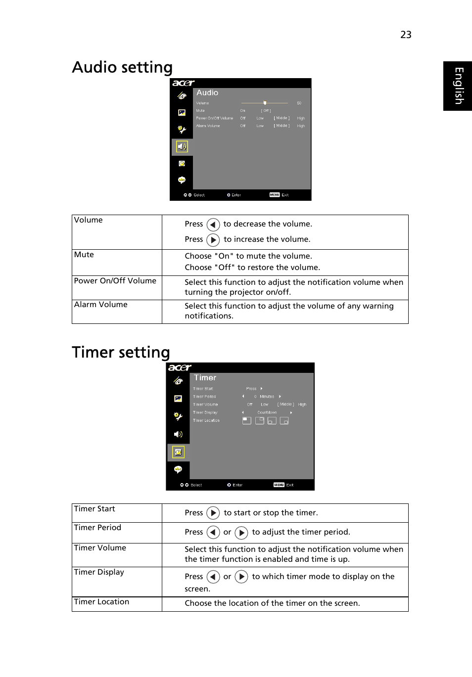 Audio setting, Timer setting, Audio setting timer setting | Eng lis h | Acer P3250 Series User Manual | Page 35 / 53