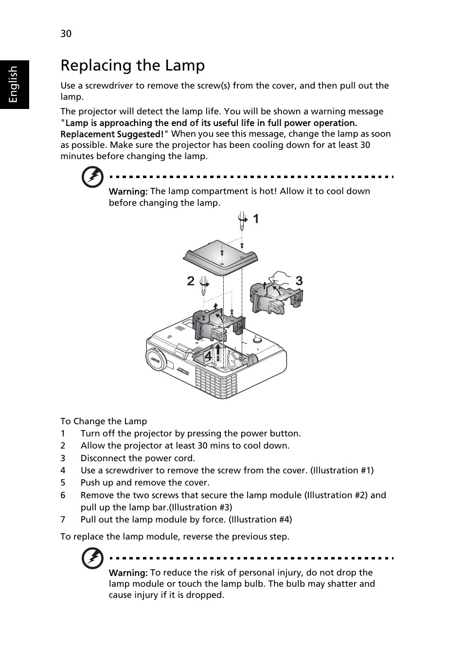 Replacing the lamp | Acer P3250 Series User Manual | Page 42 / 53