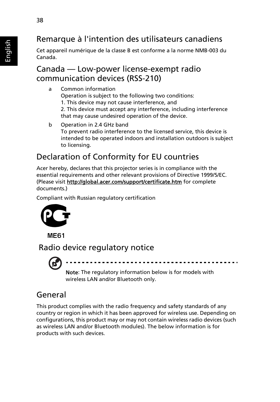 Remarque à l'intention des utilisateurs canadiens, Declaration of conformity for eu countries, Radio device regulatory notice | General | Acer P3250 Series User Manual | Page 50 / 53