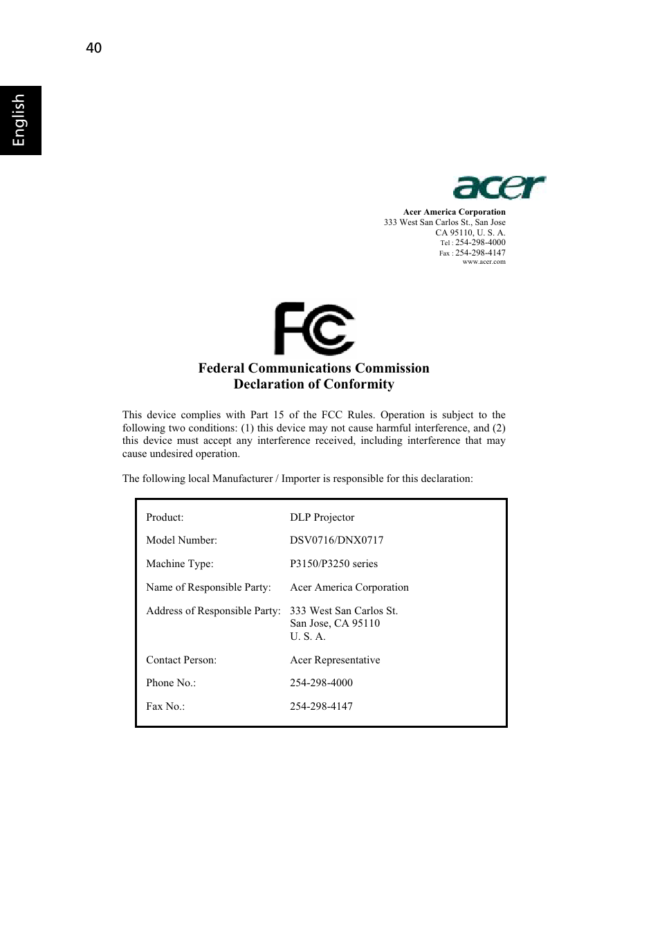 English | Acer P3250 Series User Manual | Page 52 / 53