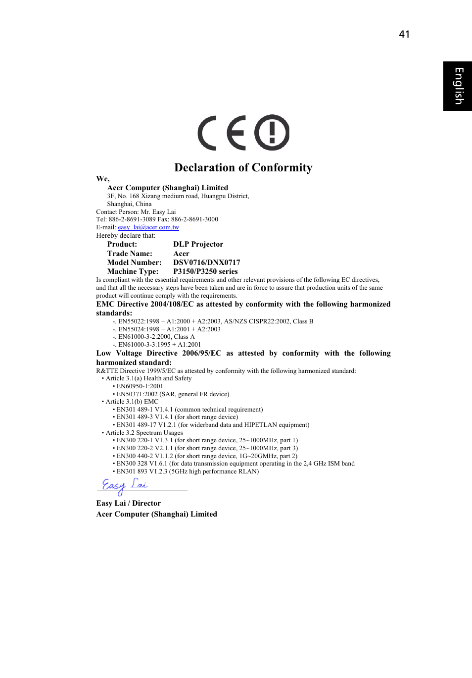 Declaration of conformity, Eng lish eng lis h | Acer P3250 Series User Manual | Page 53 / 53