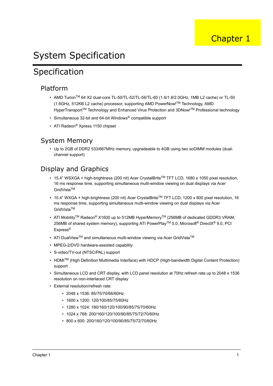 Specification, Platform, System memory | Display and graphics, System specification, System utilities, Machine disassembly and replacement, Troubleshooting, Main board, Jumper and connector location | Acer 5000 User Manual | Page 10 / 118