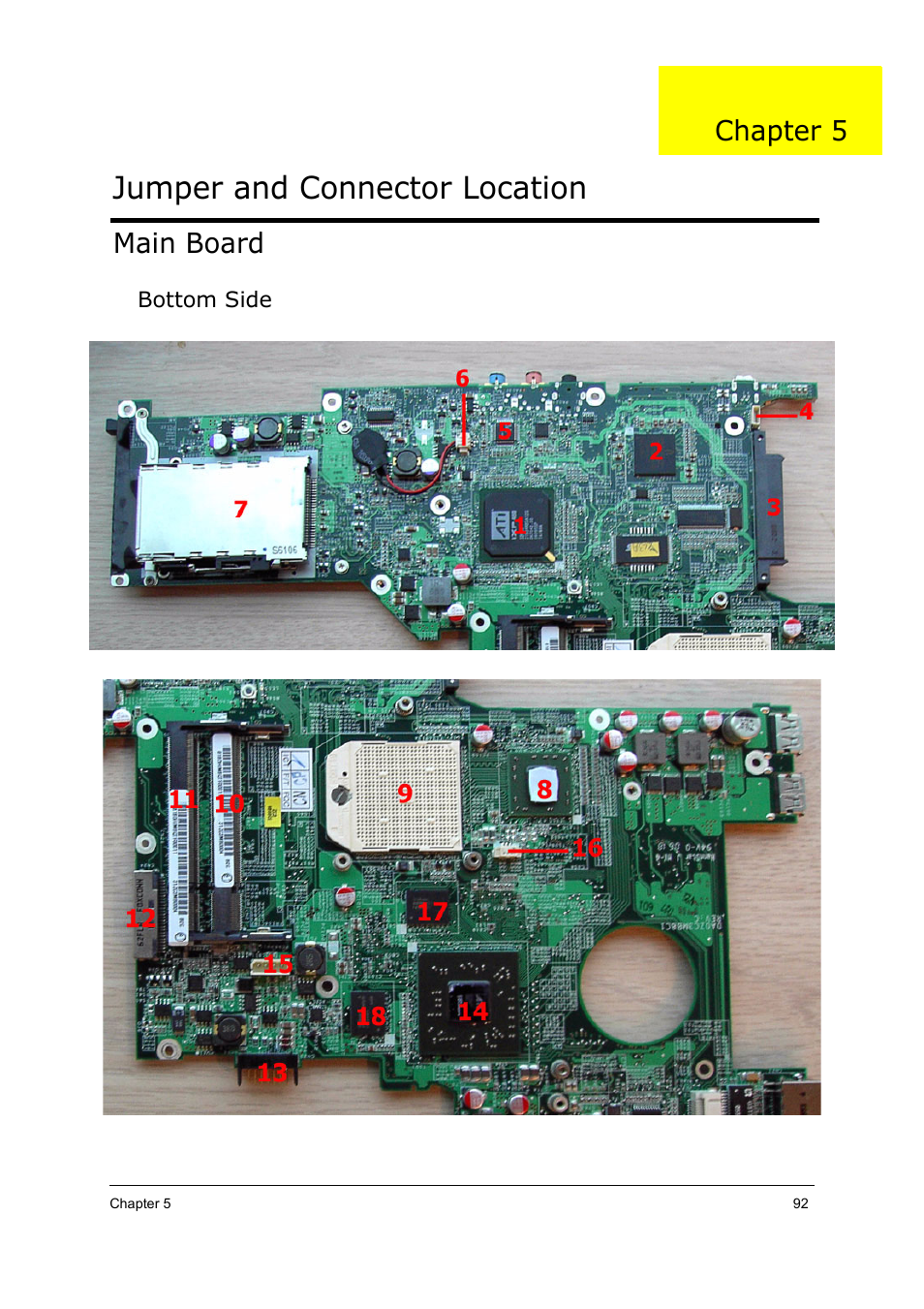 Bottom side, Jumper and connector location, Main board | Chapter 5 | Acer 5000 User Manual | Page 101 / 118