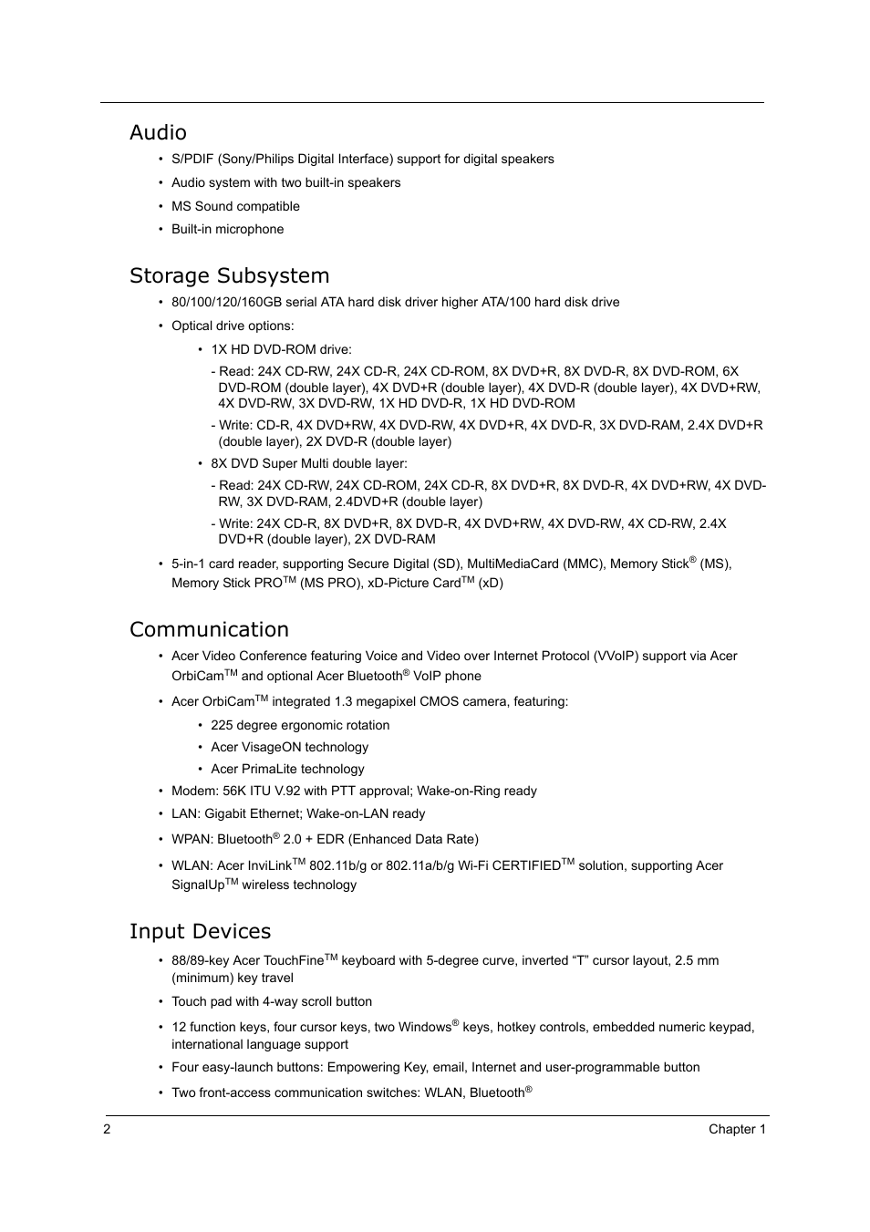 Audio, Storage subsystem, Communication | Input devices | Acer 5000 User Manual | Page 11 / 118