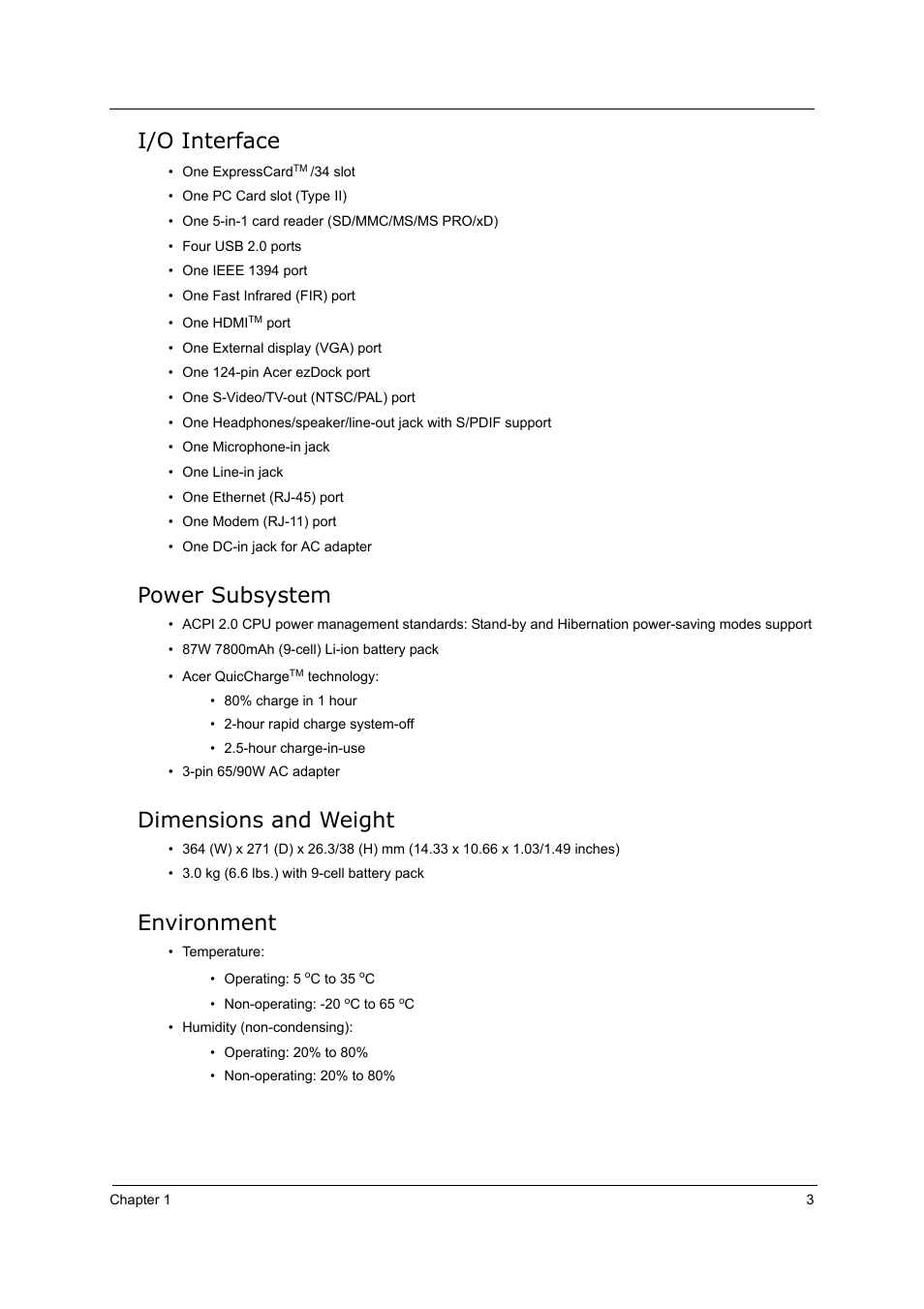 I/o interface, Power subsystem, Dimensions and weight | Environment | Acer 5000 User Manual | Page 12 / 118