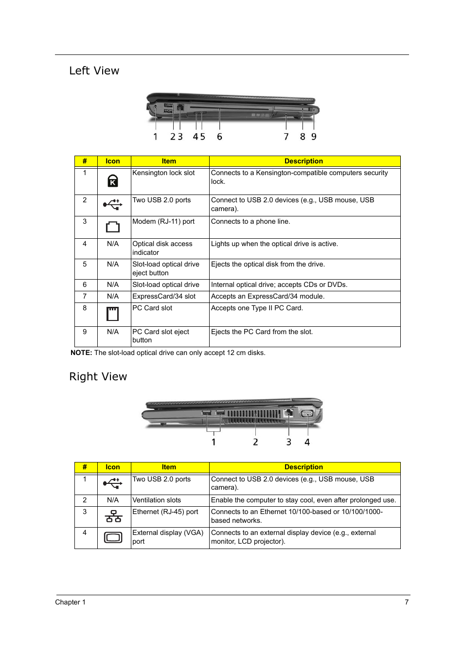 Left view, Right view | Acer 5000 User Manual | Page 16 / 118