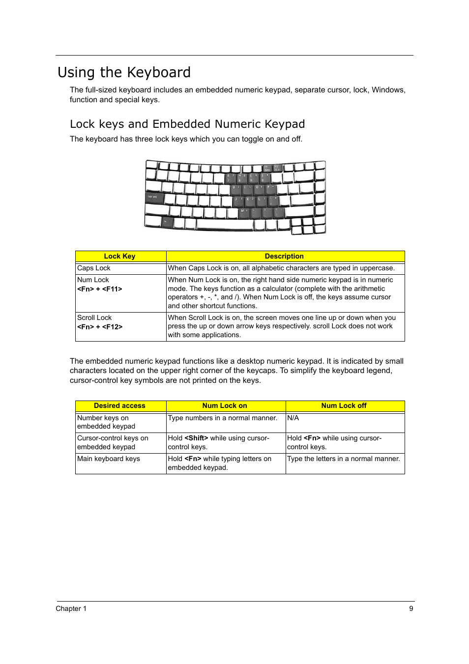 Using the keyboard, Lock keys and embedded numeric keypad | Acer 5000 User Manual | Page 18 / 118