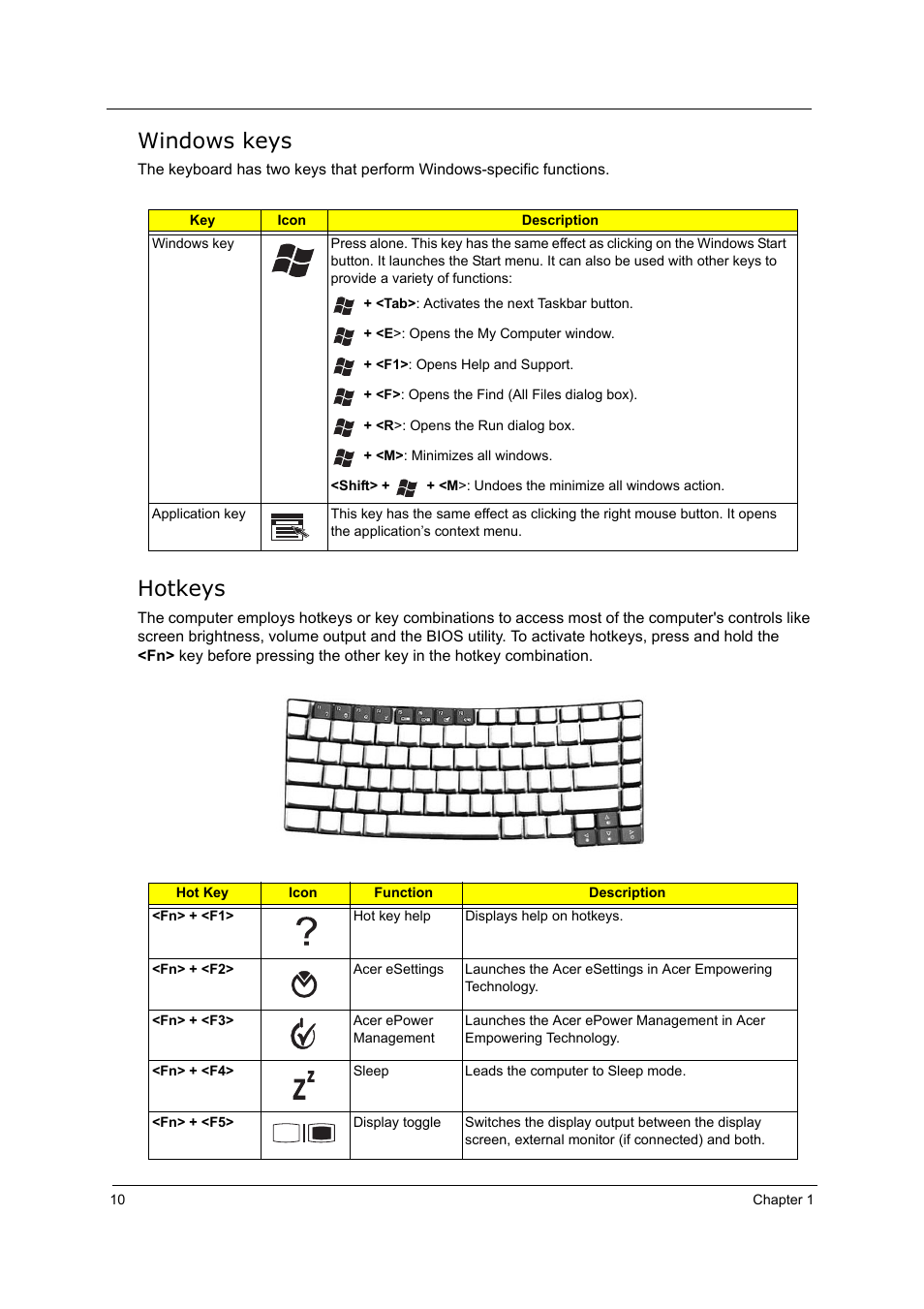 Windows keys, Hotkeys | Acer 5000 User Manual | Page 19 / 118