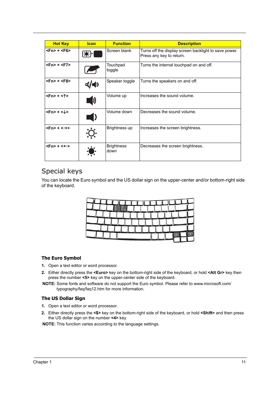 Special keys | Acer 5000 User Manual | Page 20 / 118