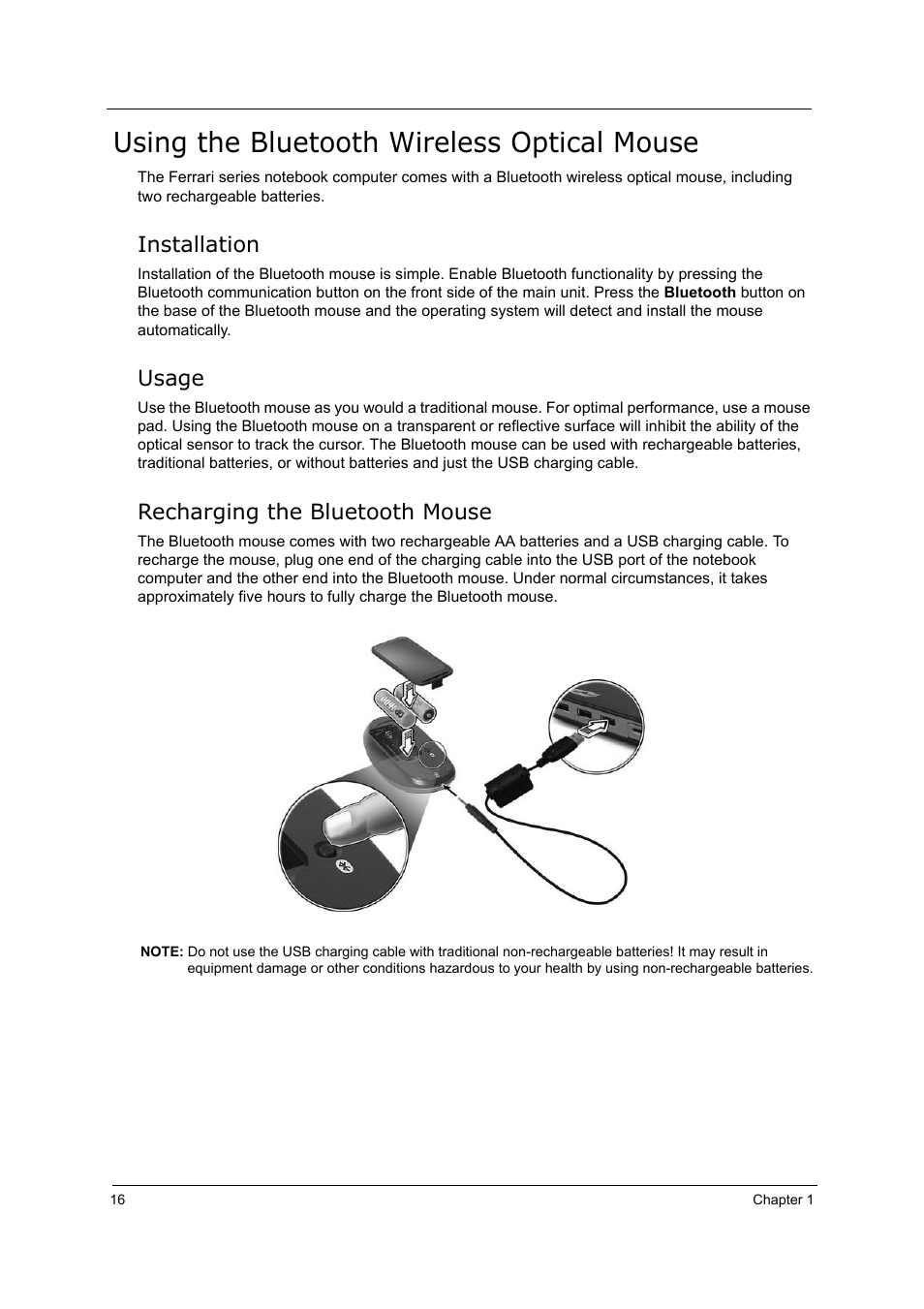 Using the bluetooth wireless optical mouse, Installation, Usage | Recharging the bluetooth mouse | Acer 5000 User Manual | Page 25 / 118