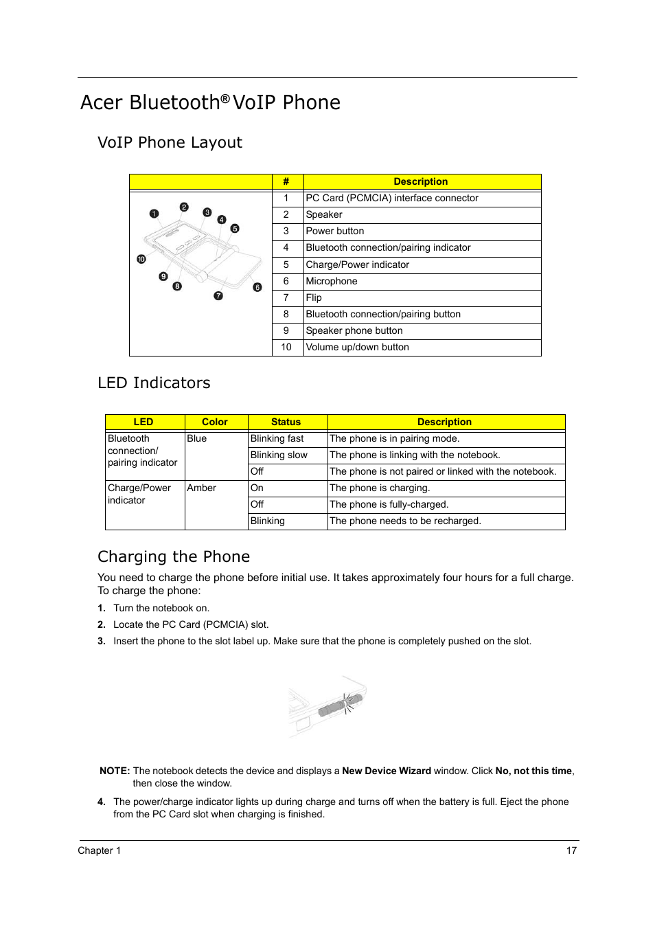 Acer bluetooth® voip phone, Voip phone layout, Led indicators | Charging the phone, Acer bluetooth, Voip phone | Acer 5000 User Manual | Page 26 / 118