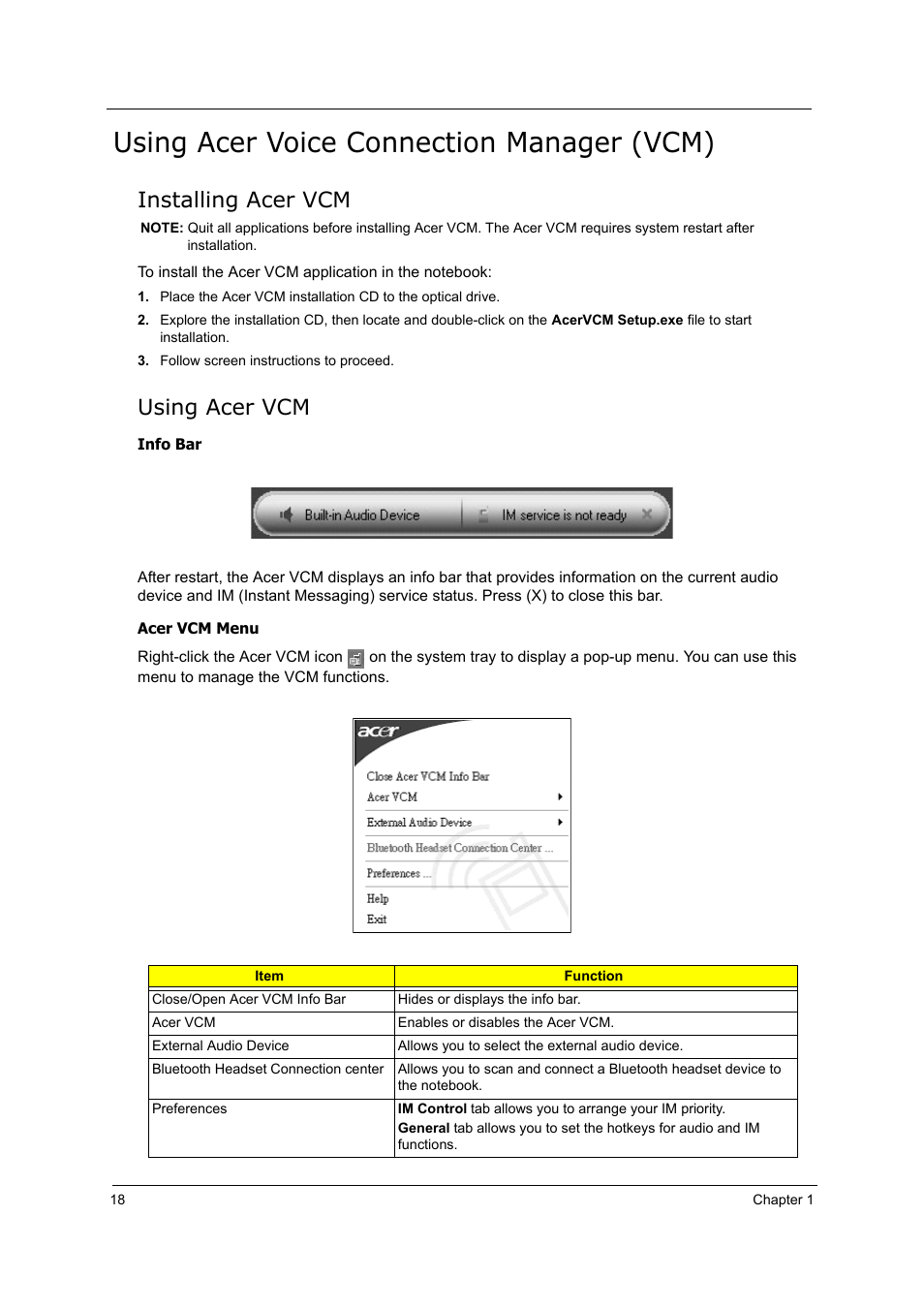 Using acer voice connection manager (vcm), Installing acer vcm, Using acer vcm | Acer 5000 User Manual | Page 27 / 118