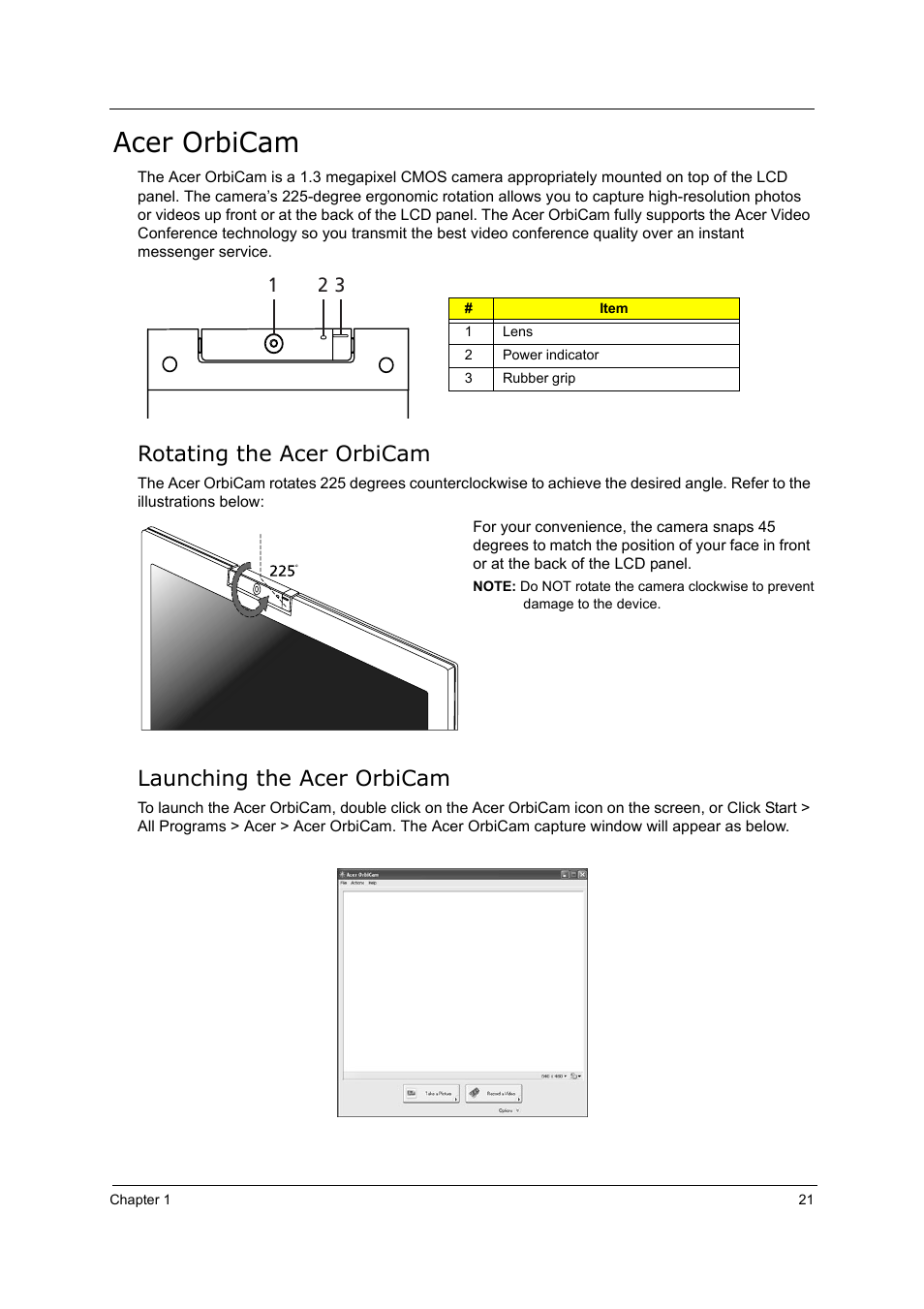 Acer orbicam, Rotating the acer orbicam, Launching the acer orbicam | Acer 5000 User Manual | Page 30 / 118