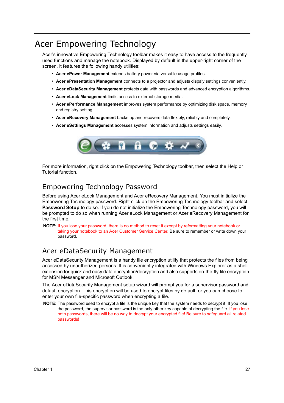 Acer empowering technology, Empowering technology password, Acer edatasecurity management | Acer 5000 User Manual | Page 36 / 118