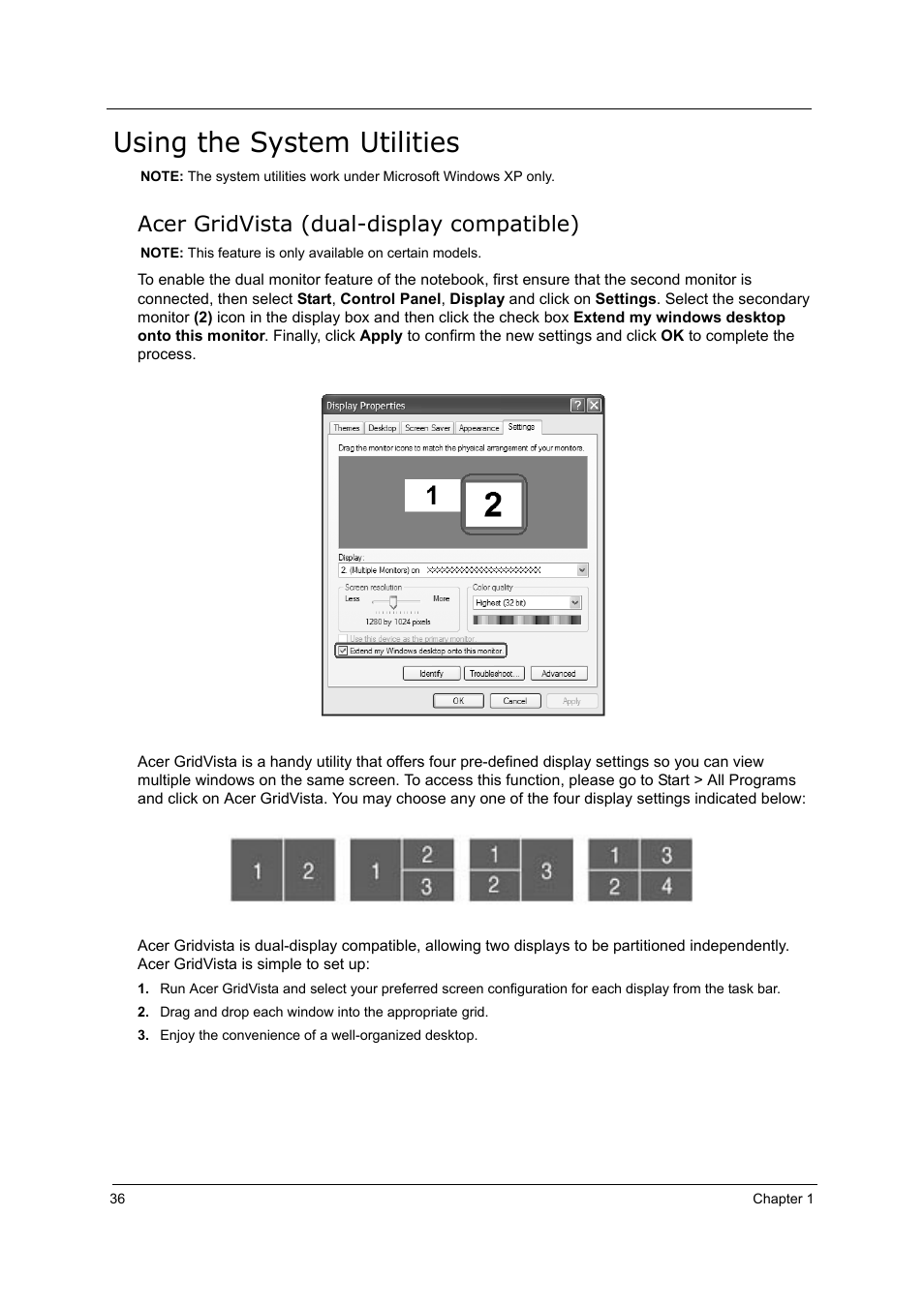 Using the system utilities, Acer gridvista (dual-display compatible) | Acer 5000 User Manual | Page 45 / 118