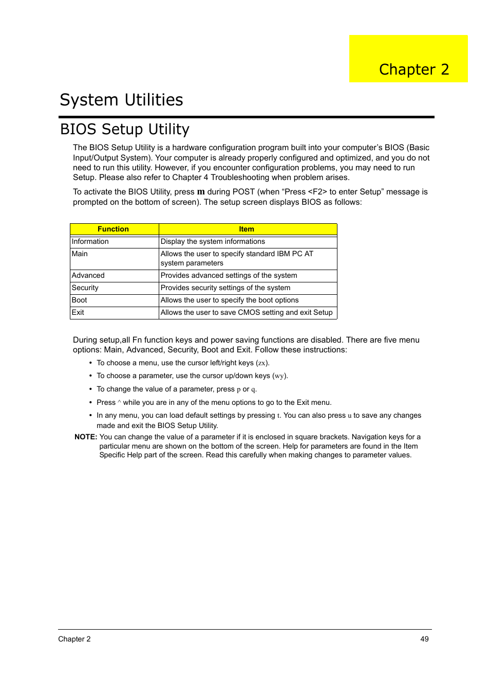 Bios setup utility, System utilities, Chapter 2 | Acer 5000 User Manual | Page 58 / 118