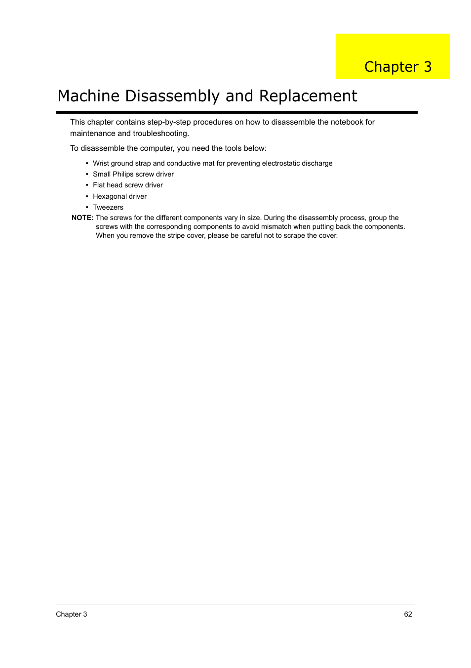 Machine disassembly and replacement, Chapter 3 | Acer 5000 User Manual | Page 71 / 118