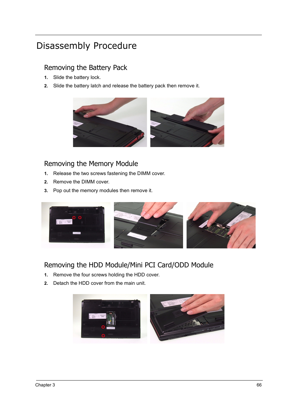 Disassembly procedure, Removing the battery pack, Removing the hdd module/mini pci card/odd module | Acer 5000 User Manual | Page 75 / 118