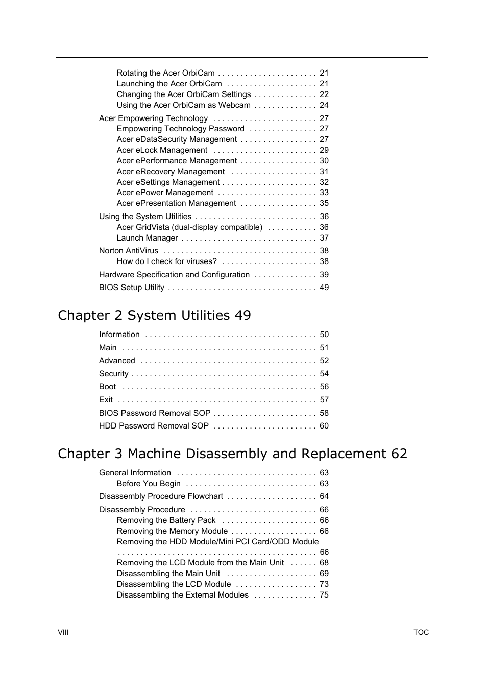 Chapter 2 system utilities 49, Chapter 3 machine disassembly and replacement 62 | Acer 5000 User Manual | Page 8 / 118