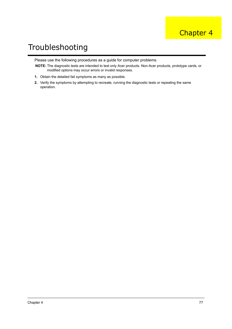 Troubleshooting, Chapter 4 | Acer 5000 User Manual | Page 86 / 118