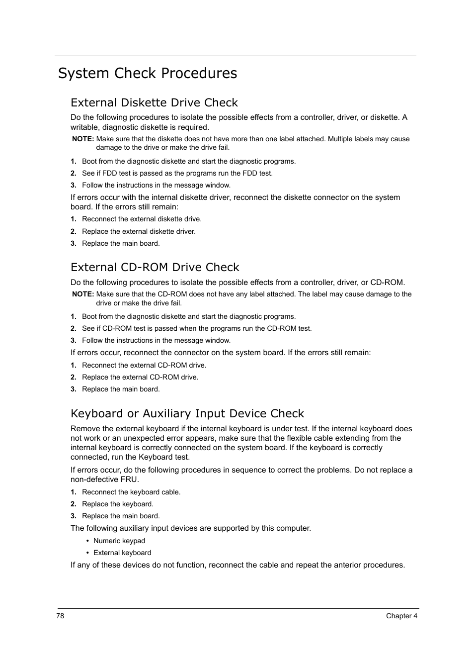 External diskette drive check, External cd-rom drive check, Keyboard or auxiliary input device check | System check procedures | Acer 5000 User Manual | Page 87 / 118