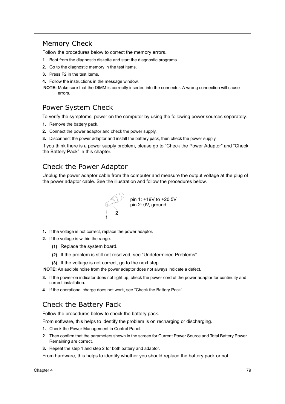 Power system check, Check the power adaptor, Check the battery pack | Acer 5000 User Manual | Page 88 / 118