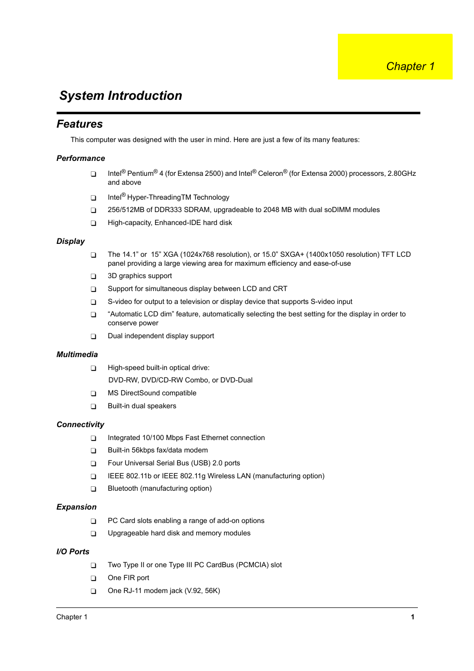 Ch.1 system introduction, Features, System introduction | Chapter 1 | Acer 2500 User Manual | Page 10 / 147