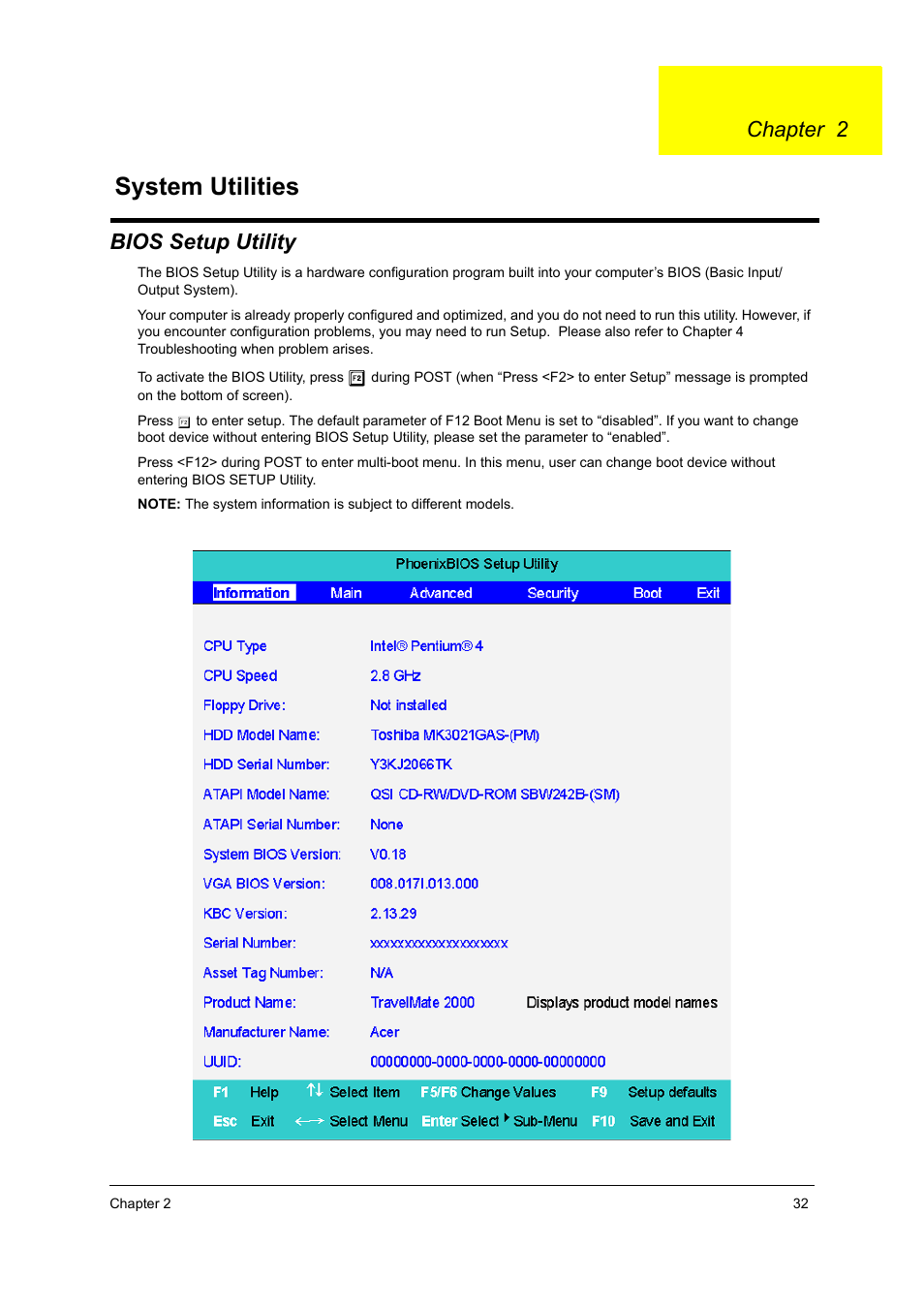 Ch.2 system utilities, Bios setup utility, System utilities | Chapter 2 | Acer 2500 User Manual | Page 41 / 147