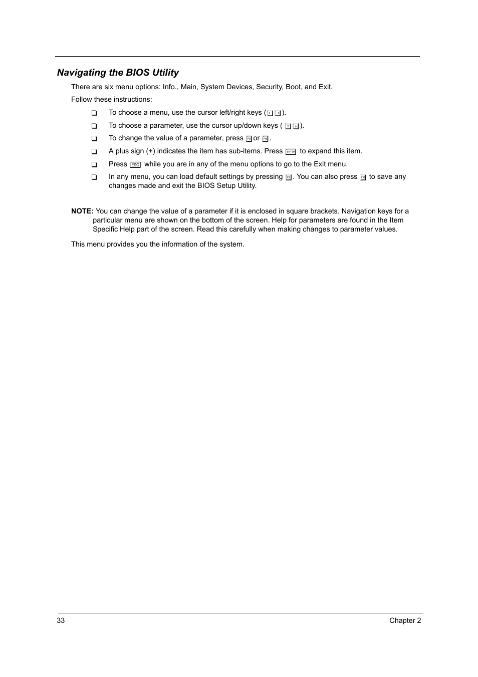 Navigating the bios utility | Acer 2500 User Manual | Page 42 / 147