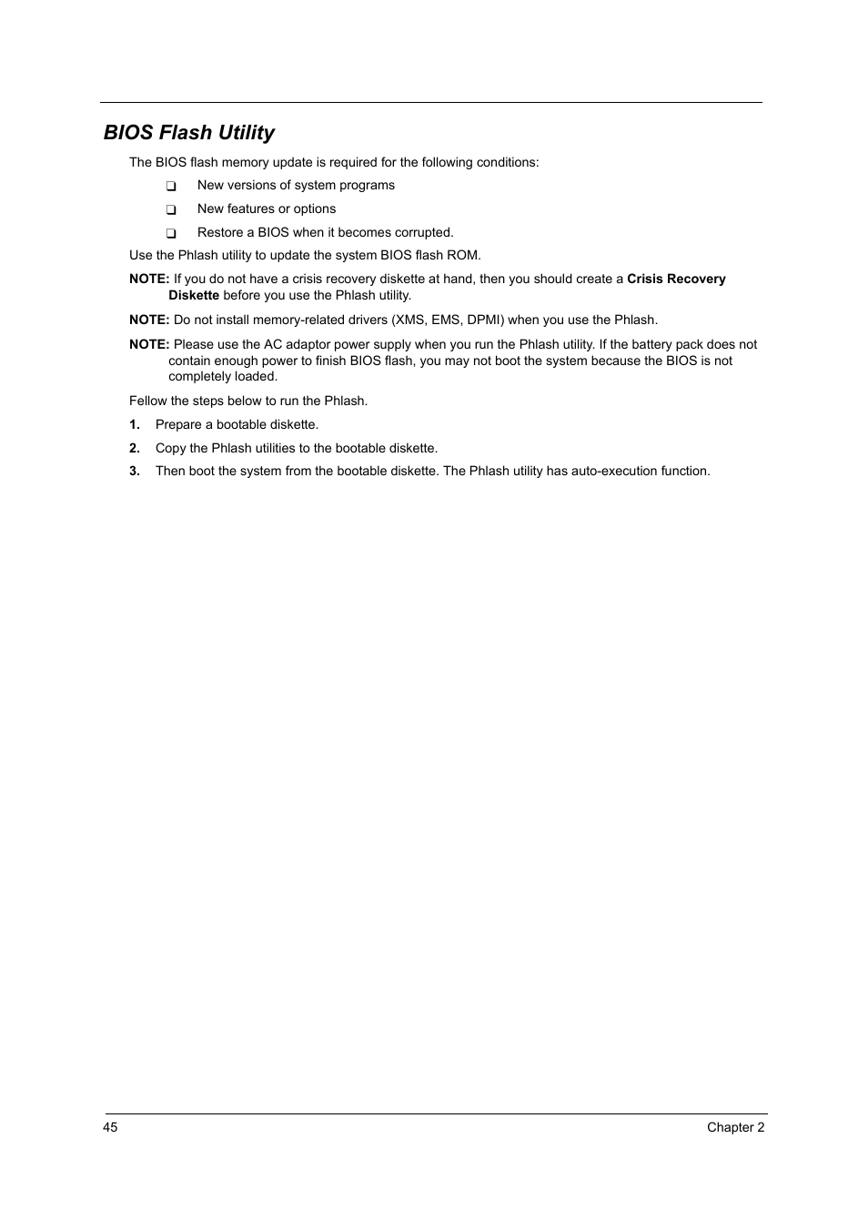 Bios flash utility | Acer 2500 User Manual | Page 54 / 147