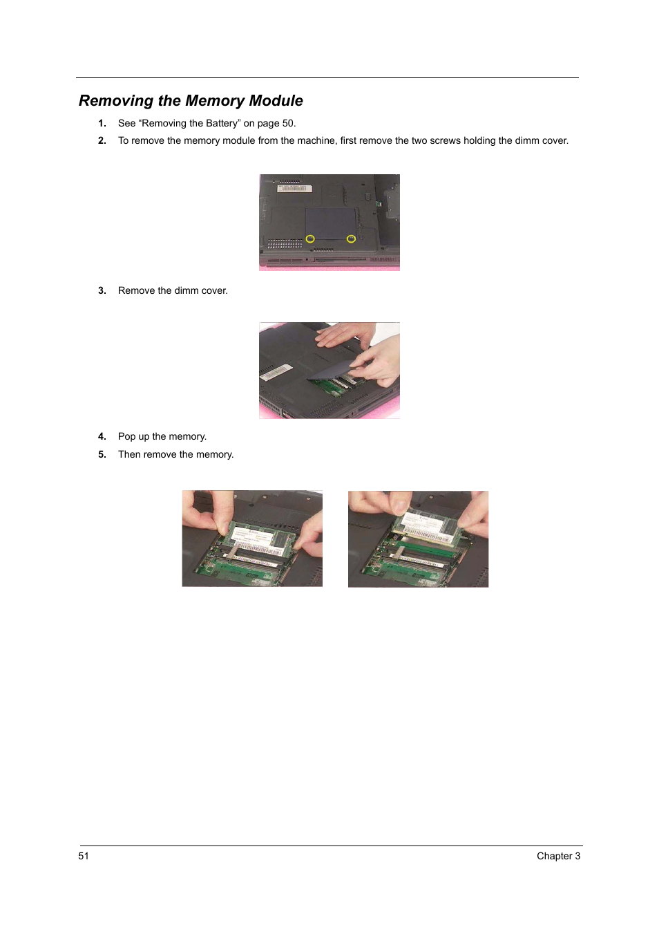 Removing the memory module | Acer 2500 User Manual | Page 60 / 147