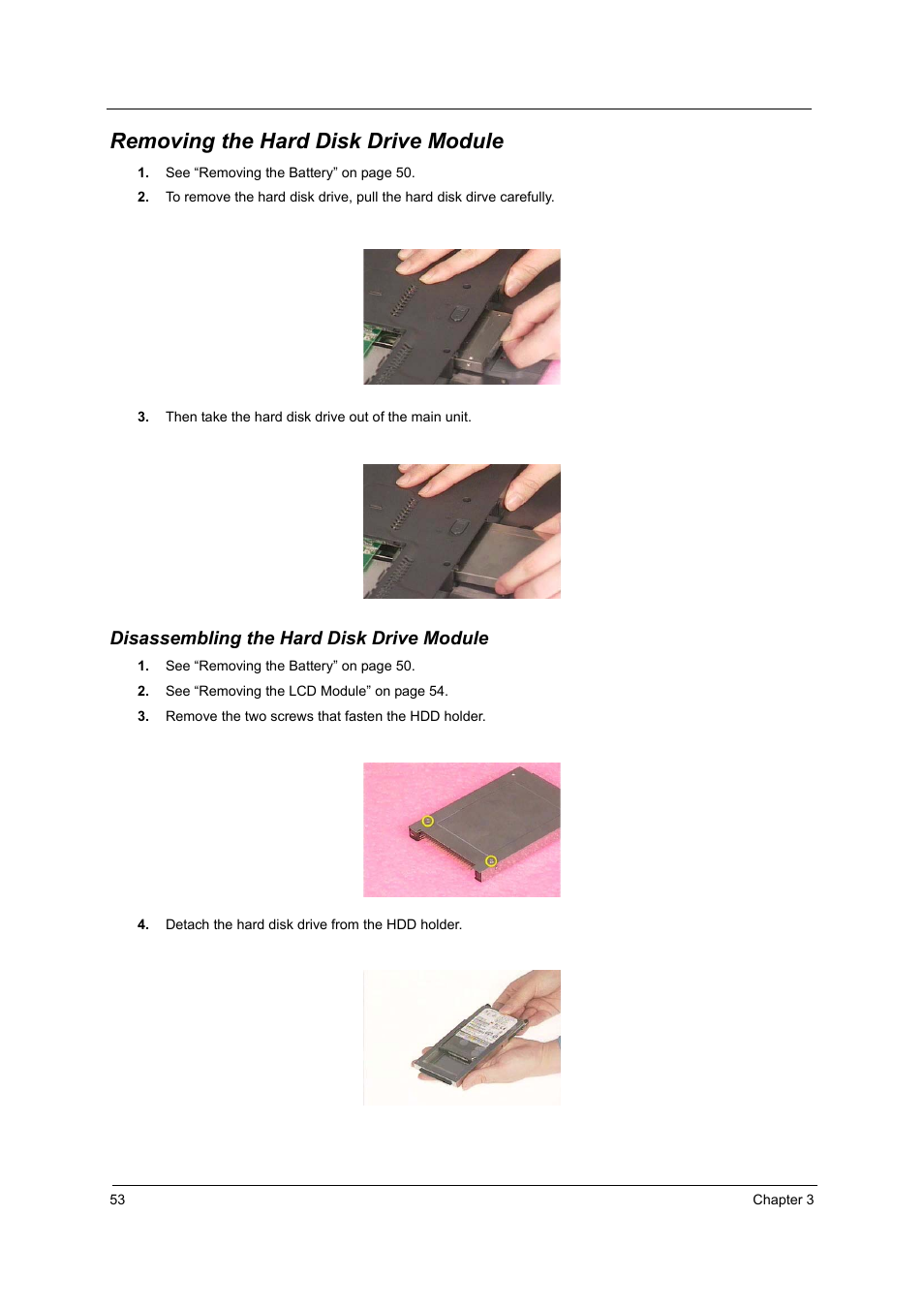 Removing the hard disk drive module, Disassembling the hard disk drive module | Acer 2500 User Manual | Page 62 / 147