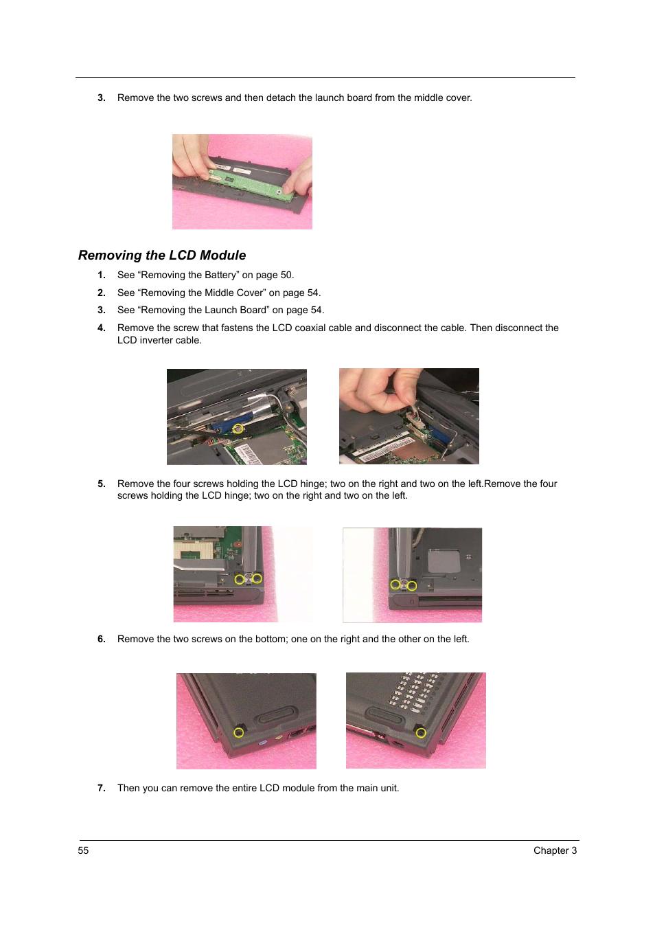 Removing the lcd module | Acer 2500 User Manual | Page 64 / 147