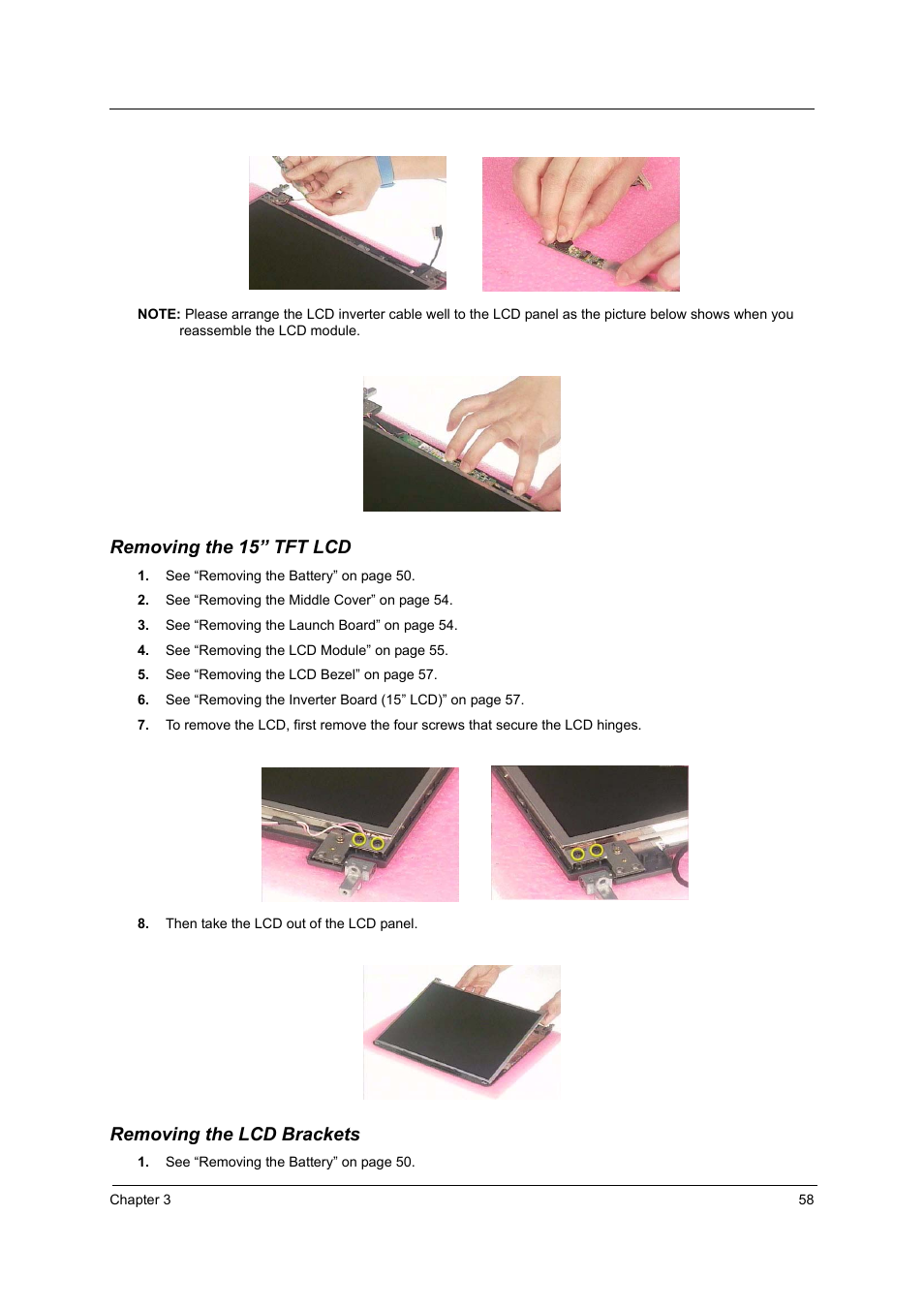 Removing the 15” tft lcd, Removing the lcd brackets | Acer 2500 User Manual | Page 67 / 147