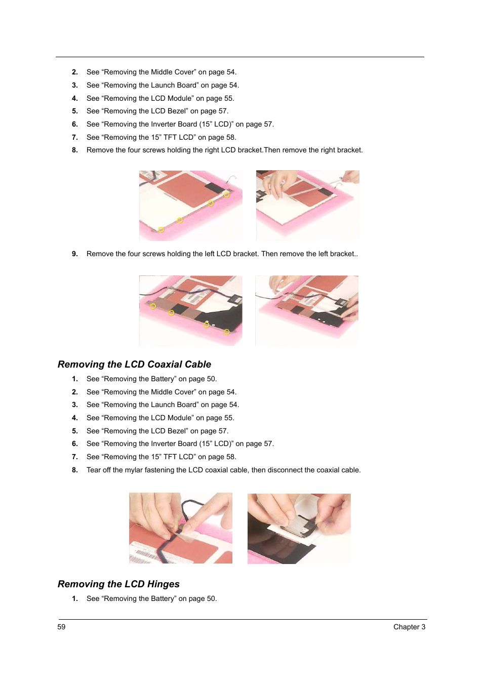 Removing the lcd coaxial cable, Removing the lcd hinges | Acer 2500 User Manual | Page 68 / 147