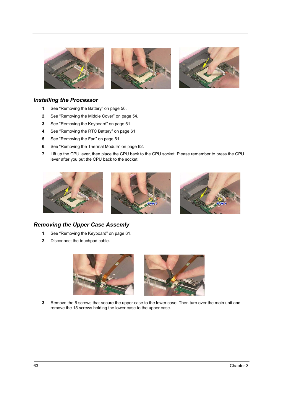 Installing the processor, Removing the upper case assemly | Acer 2500 User Manual | Page 72 / 147