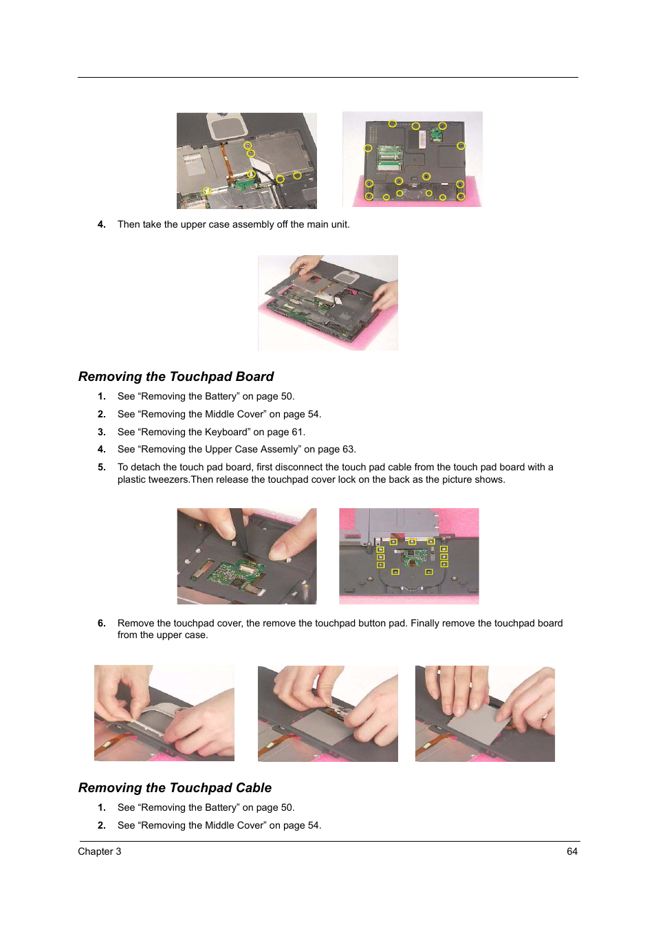 Removing the touchpad board, Removing the touchpad cable | Acer 2500 User Manual | Page 73 / 147