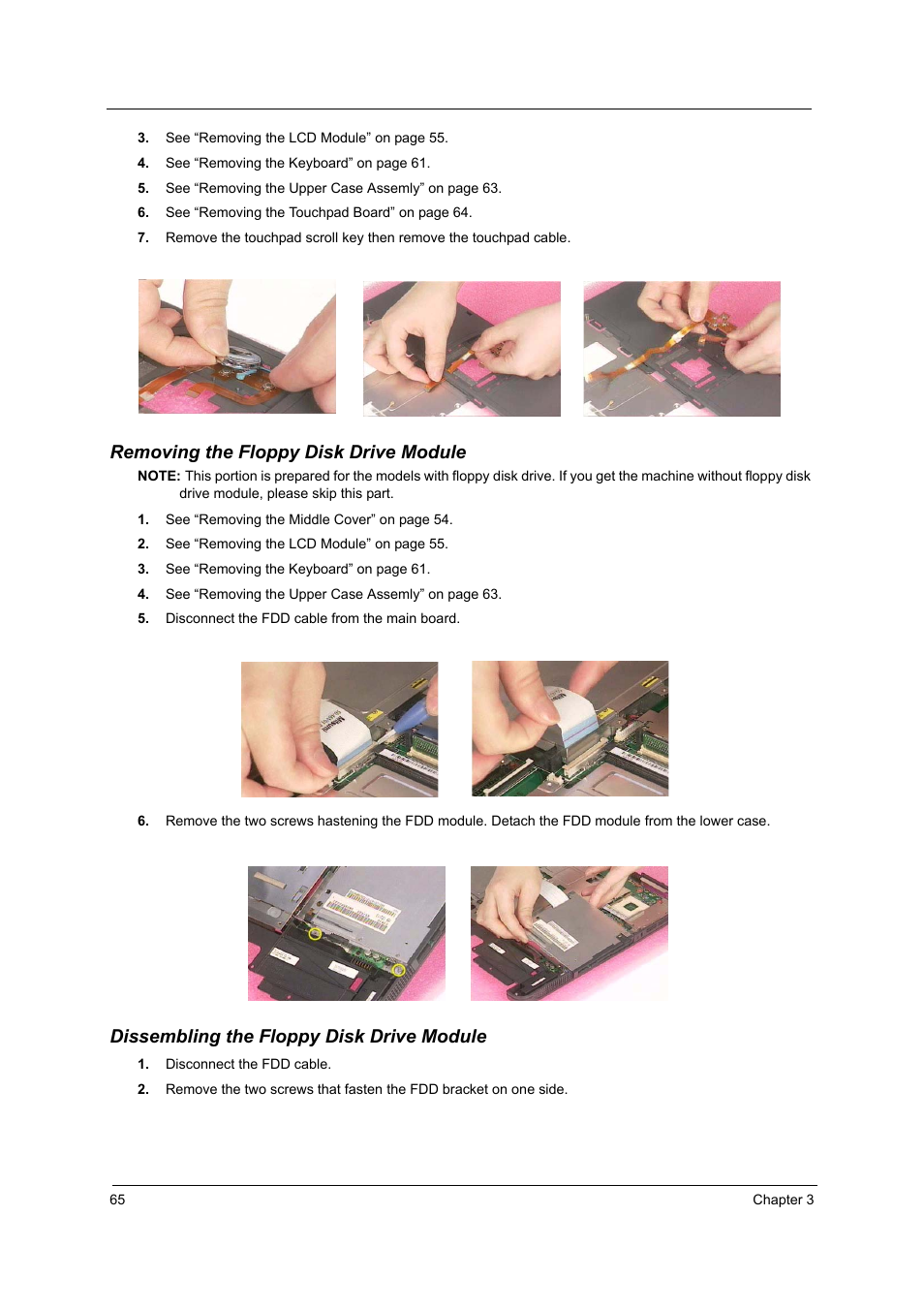 Removing the floppy disk drive module, Dissembling the floppy disk drive module | Acer 2500 User Manual | Page 74 / 147