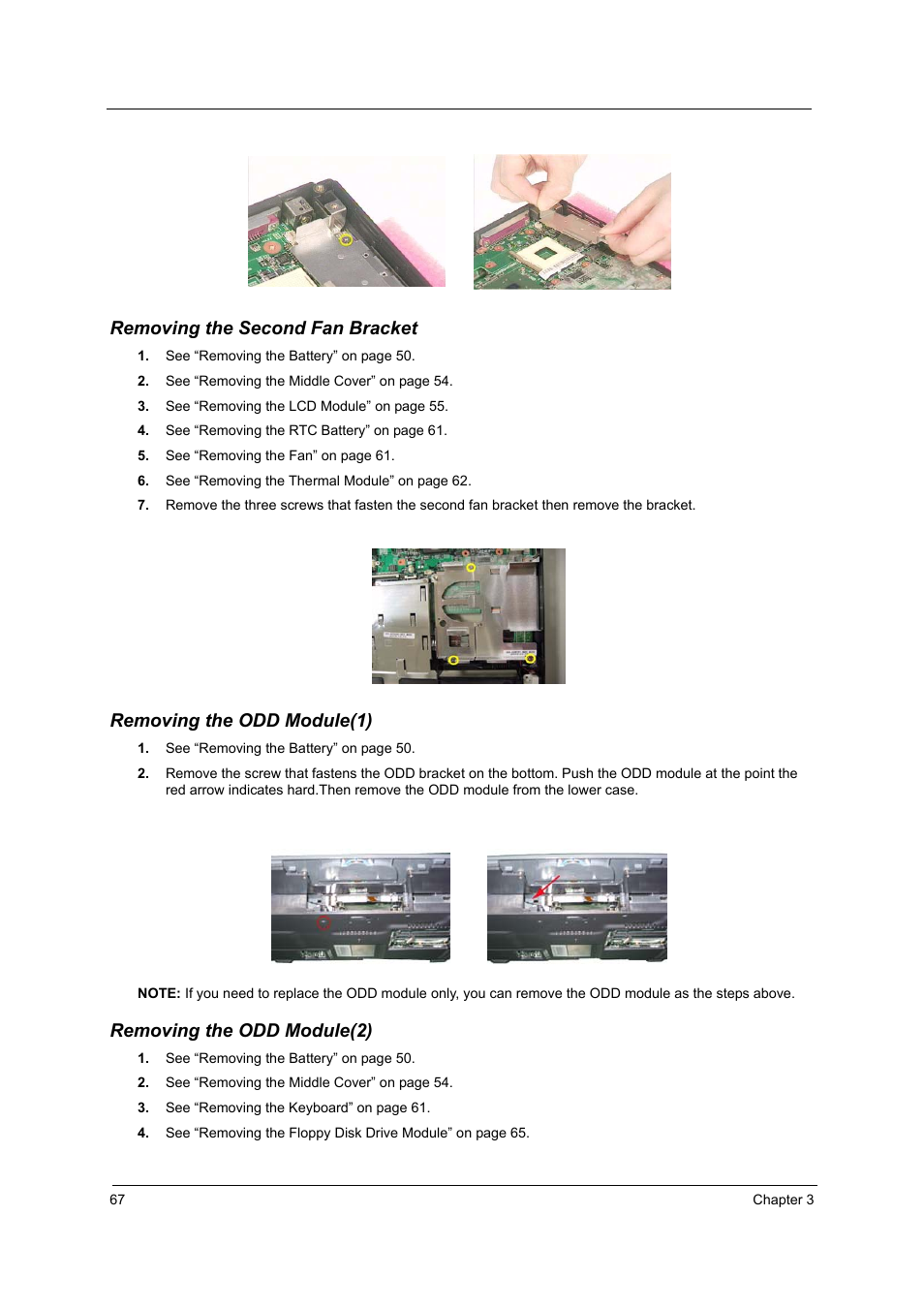 Removing the second fan bracket, Removing the odd module(1), Removing the odd module(2) | Acer 2500 User Manual | Page 76 / 147