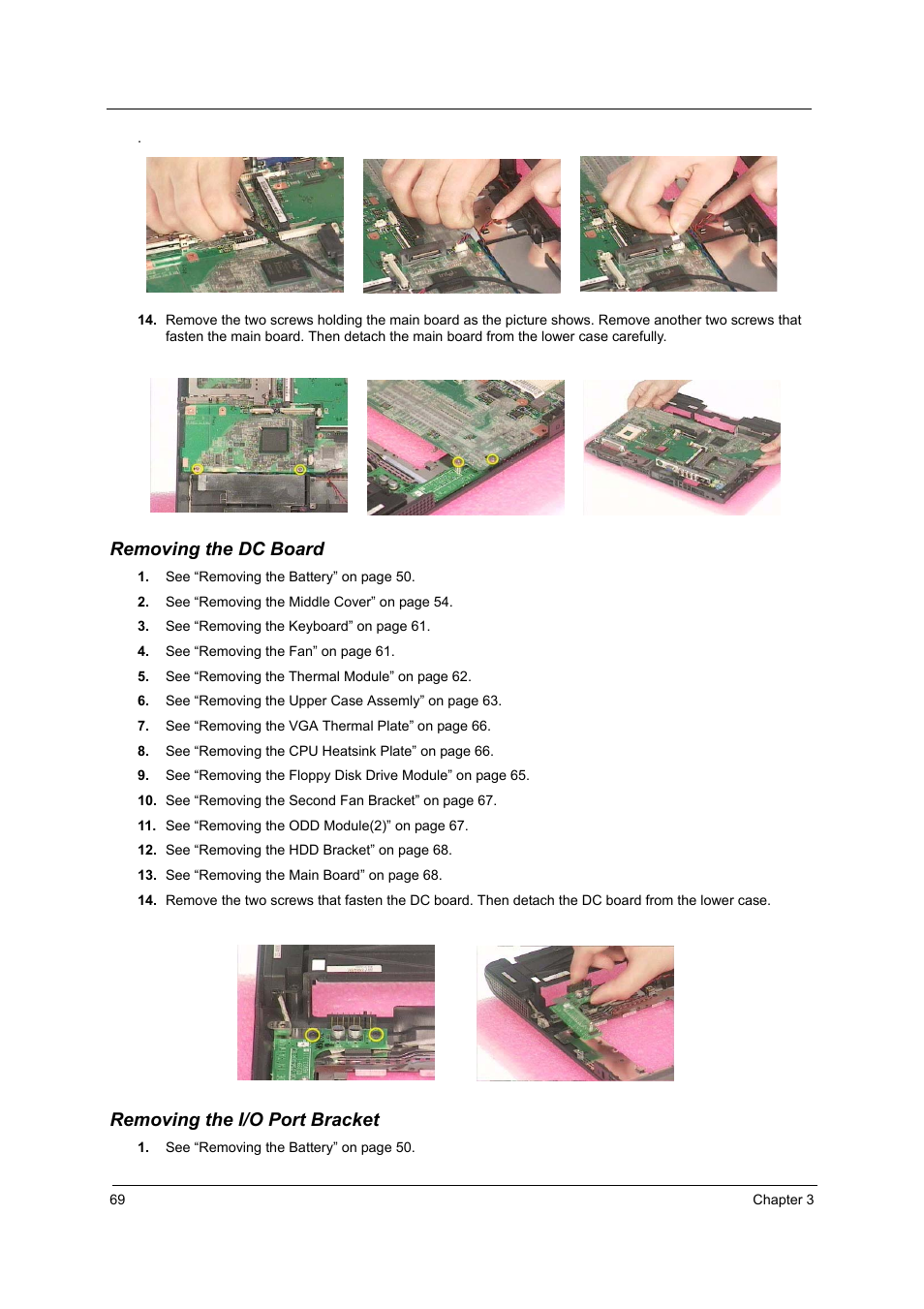 Removing the dc board, Removing the i/o port bracket | Acer 2500 User Manual | Page 78 / 147