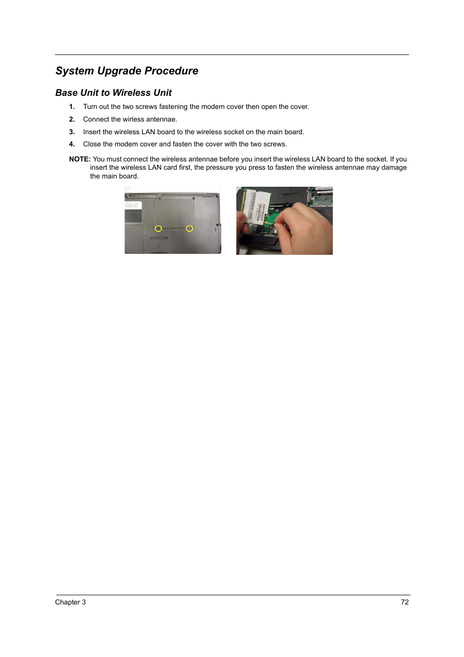 System upgrade procedure, Base unit to wireless unit | Acer 2500 User Manual | Page 81 / 147