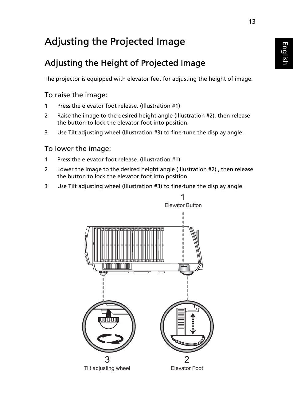 Adjusting the projected image, Adjusting the height of projected image | Acer P7270i User Manual | Page 25 / 61