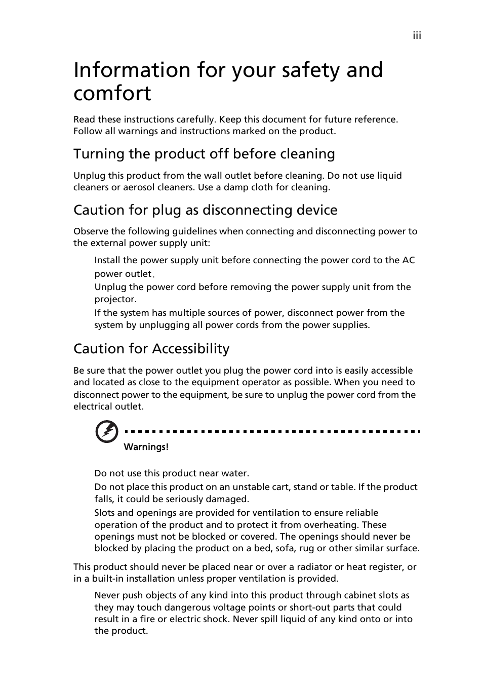 Information for your safety and comfort, Turning the product off before cleaning, Caution for plug as disconnecting device | Caution for accessibility | Acer P7270i User Manual | Page 3 / 61