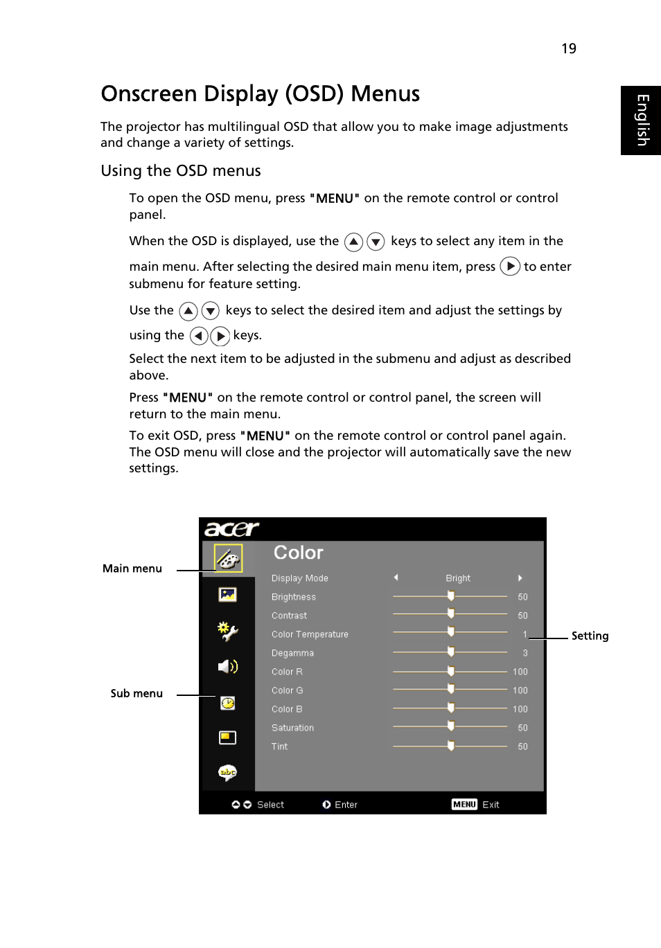 Onscreen display (osd) menus | Acer P7270i User Manual | Page 31 / 61