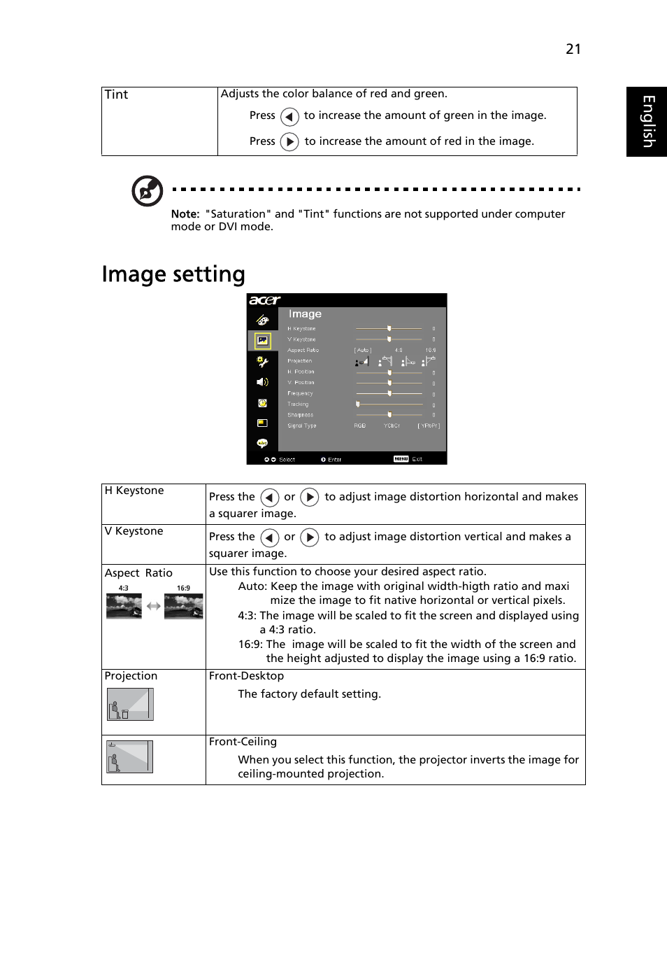 Image setting, Eng lis h | Acer P7270i User Manual | Page 33 / 61