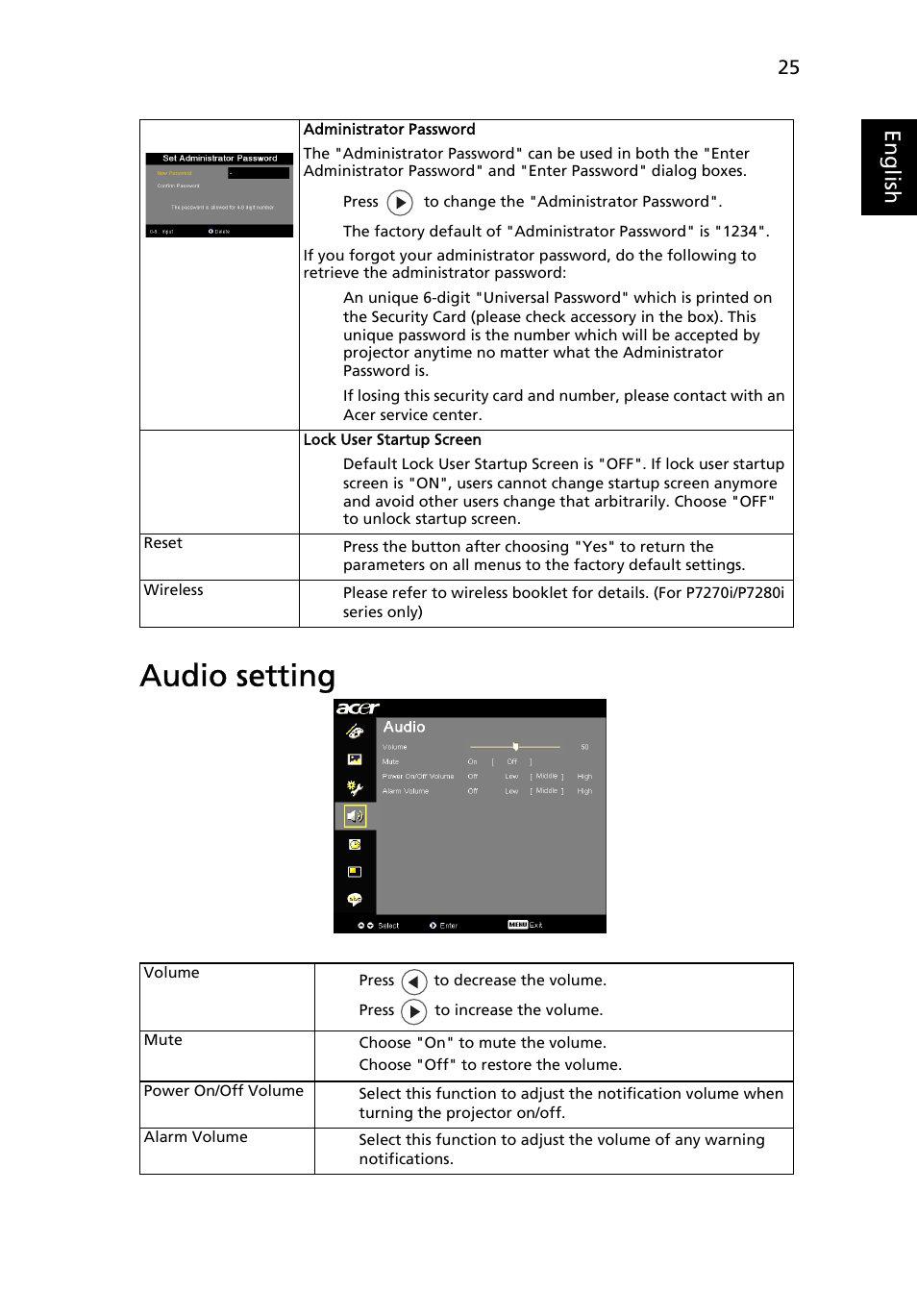Audio setting, Eng lis h | Acer P7270i User Manual | Page 37 / 61