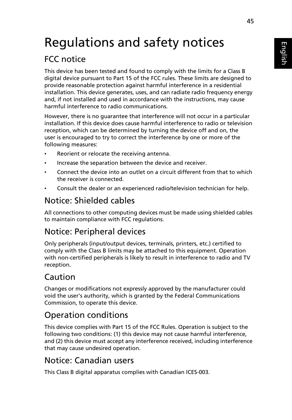 Regulations and safety notices, Fcc notice, Notice: shielded cables | Notice: peripheral devices, Caution, Operation conditions, Notice: canadian users | Acer P7270i User Manual | Page 57 / 61