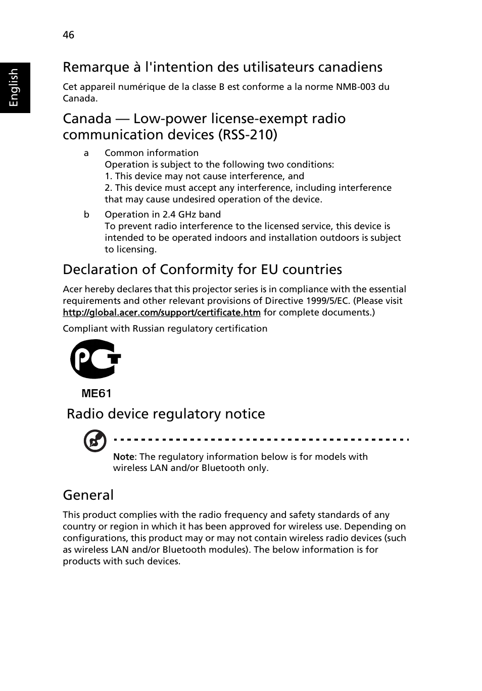 Remarque à l'intention des utilisateurs canadiens, Declaration of conformity for eu countries, Radio device regulatory notice | General | Acer P7270i User Manual | Page 58 / 61