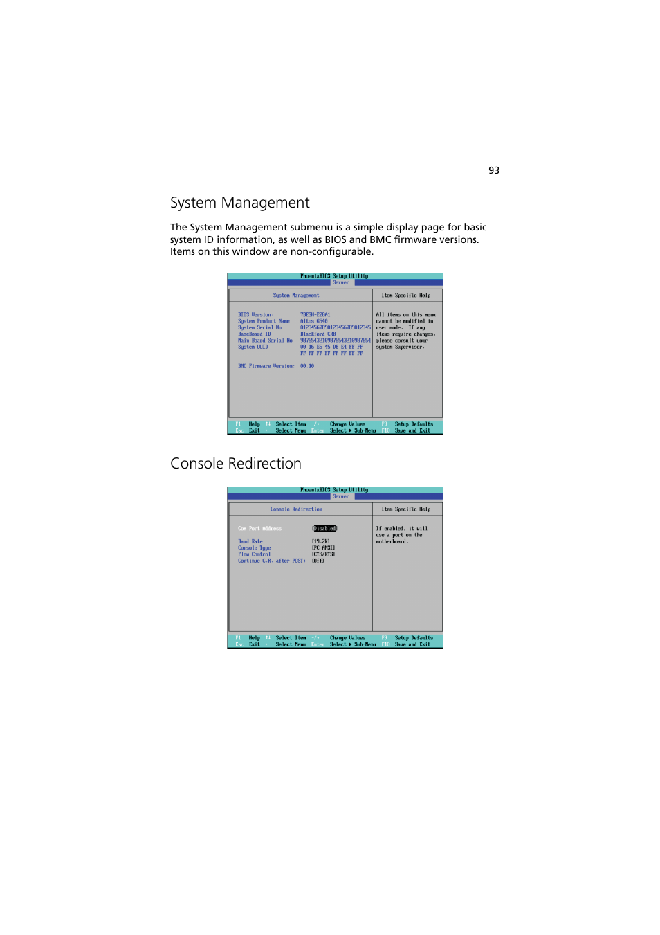 System management, Console redirection | Acer Altos MU.R230E.001 User Manual | Page 103 / 146