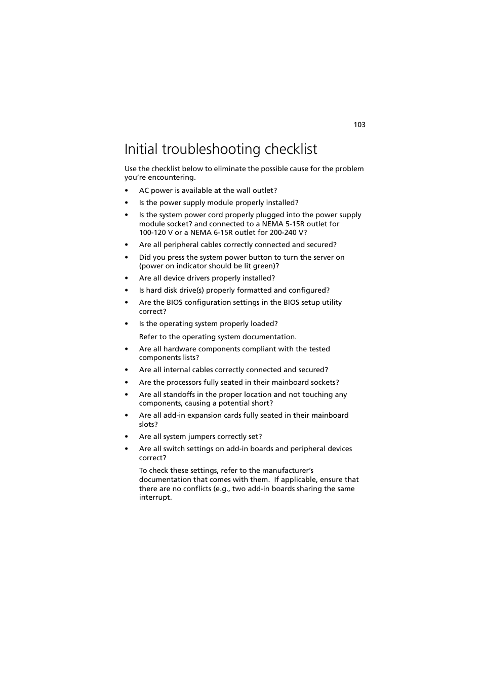 Initial troubleshooting checklist | Acer Altos MU.R230E.001 User Manual | Page 113 / 146